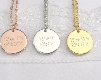 Coordinate Disc Necklace, Coordinates Necklace, Latitude, Longitude, Location Necklace, Personalized Coordinates Disc Necklace, GPS Location