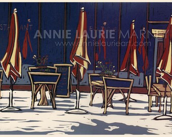 Sidewalk Cafe - 12.5 x 16.5" - Original, Limited Edition Linocut