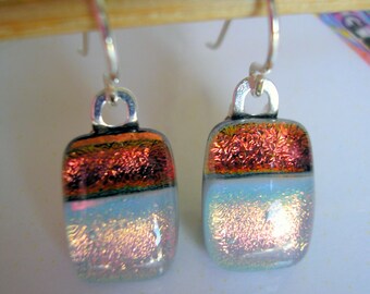 Petite Earrings, Copper and Pearl Gray, Dichroic Fused Glass, 925 Sterling Silver Earrings, Fuse+d Kiln Glass, Lightweight Dangles, Sparkle