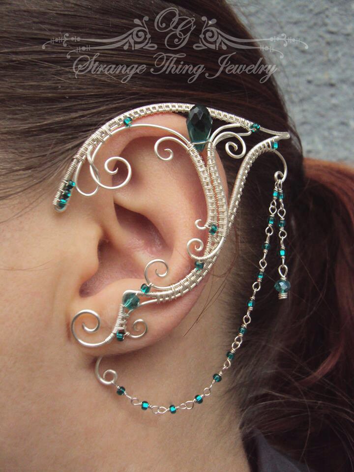 Pair of elven ear cuffs Emerald Love