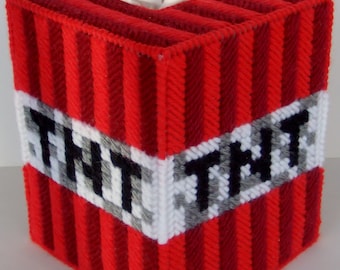 Creative Art on Plastic Canvas - MINECRAFT TNT - Video Game Craze - Boutique Size Tissue Box Cover - Needlepoint on Plastic Canvas