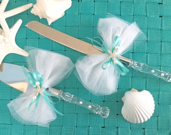 Starfish and Tarquoise Wedding Cake Knife & Server. Beach Wedding Cake Knife. Shell Cake Server. Coastal Wedding Cake Knife.Nautical Wedding