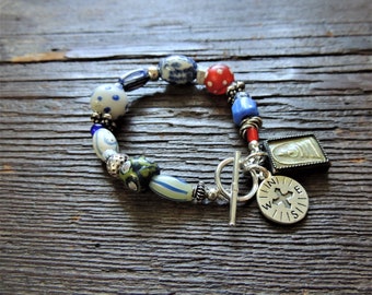 African Trade Bead Bracelet, Blue and White Beads, Artisan Jewelry, Rustic Handcrafted, Urban Chic Jewelry, Layering Bracelet. Silver Beads