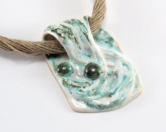 Handmade Ceramic Necklace, linen necklace, Ceramic Jewelry, gift for her, unique hand formed Pendant, eco jewelry, one of a kind Necklace