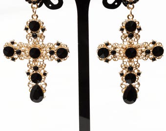 Dolce Earrings Baroque Earrings Cross Earrings Dolce Cross Earrings Gold cross earrings Rhinestone Cross Jewelry Long Cross Earrings