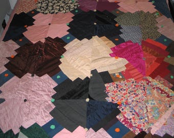 Antique Quilt / Vintage LOG CABIN Courthouse Steps/ QUILT-1940s Hand Pieced~Wool-Silk-Velvet-Rustic Primitive /Memorial Quilt-Provenance