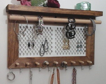 Earring Holder Wall Jewelry Organizer, Wood Jewelry Holder, Necklace Holder, Ring Holder, Bracelet Holder. Jewelry Storage Display Shelf.