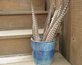 Blue Ceramic Basket Pot with Striped Texture Home Decor Storage Pot, Handmade Artisan Pottery by Licia Lucas Pfadt