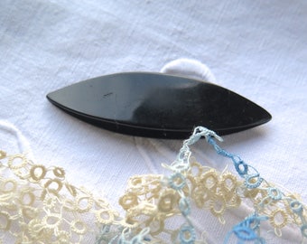 Antique Tatting Shuttle in Black Celluloid with Tatted Lace Trim in Natural and Blue