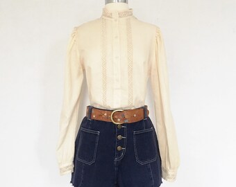 Vintage Linen Patti Smith Poet Blouse Lace Linen Edwardian Style Sz Md