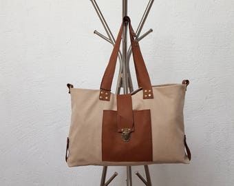 Brown beige canvas and leather tote bag