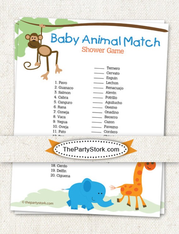 Spanish Baby Shower Game: Baby Animal Match Safari Theme