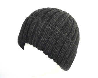 Charcoal Gray Hat, Peruvian Wool, Hand Knit, Men & Teen Boys, Watch Cap, Ribbed Beanie Toque Stocking