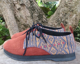 Vegan Womens Shoes Oxfords In Natural Hemp & Naga Tribal Embroidery- Alexa