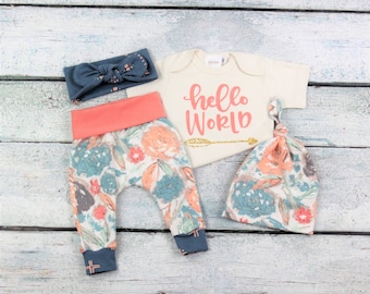 baby girl coming home outfit/newborn girl/floral outfit/hello world outfit/going home set