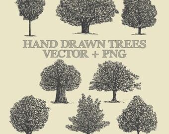 Tree Clipart Vector Pack - Vintage Hand Drawn Tree Drawing Clipart Clip Art PNG & Vector EPS, AI Design Elements Digital Instant Download