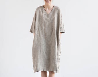 Washed linen KIMONO tunic in denim color / Oversize linen
