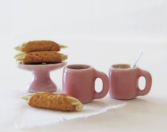 Miniature COFFEE Pair in Light PINK Mugs One with Cream & Spoon, One Black - 1:6 Scale Polymer Clay Faux Food for Fashion Dolls and Figures