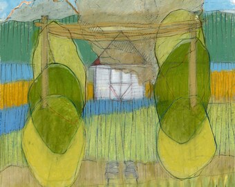 Manakintowne: Original oil pastel on paper abstract landscape blue green orange yellow brown red white trees shed layers path modern art
