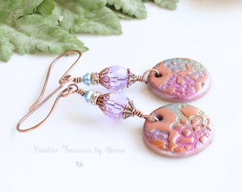 Copper Earrings, Polymer Clay Discs, Swarovski Crystals, Purple Earrings, Boho Earrings, Pink Earrings, Blue Green Flowers