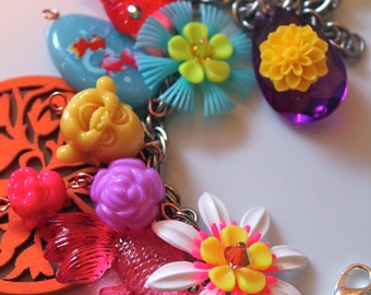 Buddha Charm Bracelet, Flower Bracelet, Vintage Flower Bracelet, Koi Fish Bracelet, Koi Fish Jewelry, Vintage Plastic Flowers
