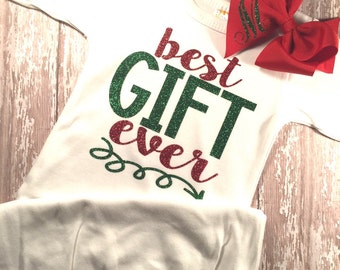 BEST GIFT EVER Gown, newborn Christmas outfit, personalized hair bow, new baby outfit