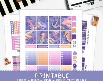 Sea printable planner stickers for Erin Condren Life Planner TM watercolor under the sea seahorse jellyfish seashell weekly summer stickers