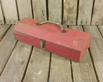 Small Red Toolbox, Vintage Metal Tool Box, Rusty Tool Box,