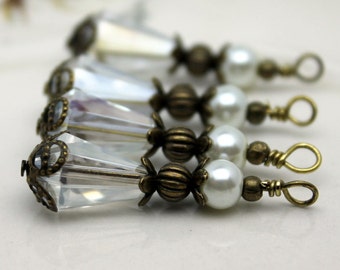 Clear Teardrop Crystal and Pearl Bead Dangle Charm Pendant Drop Set with Antique Brass, Pendant, Earring Dangles, Charm