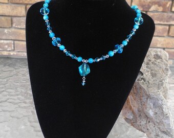 Aqua Blue Swarovski Crystal and Shell Necklace