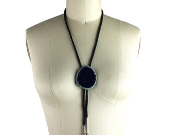 Blue Agate Stone Western Bolo Tie with Black Cord and Silver Aglets