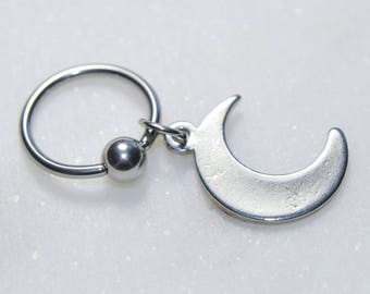 Moon Dangle Charm Ear Cartilage Hoop, Silver 316L Stainless Surgical Steel, 20g 18g 16g 14g, Body Piercing Jewelry, Captive Bead Ring CBR