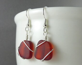 Red sea glass earrings wire wrapped jewelry red seaglass earrings frosted glass sterling silver handmade beaded jewelry bridesmaids gifts