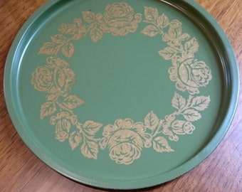 Vintage Gold and Green Rose Motif Serving Tray/ Hollywood Regency/Kitchen