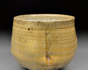 Larger Handmade Stoneware Yunomi Tea Cup glazed with Yellow Crystal Matte with Nuka Glazed Interior.
