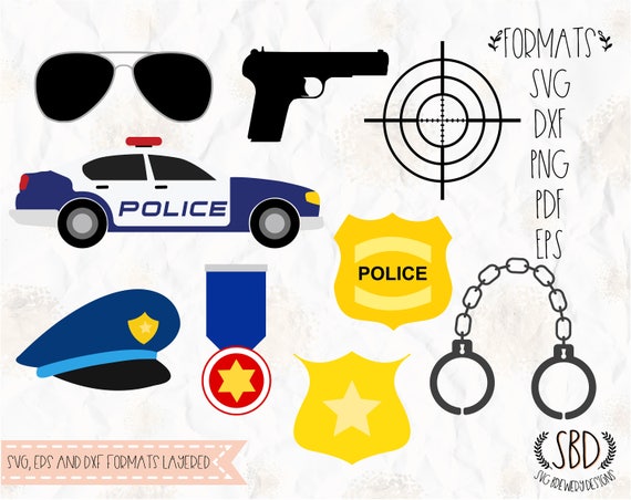 Download Police set handcuffs badge gun car SVG layered PNG DXF