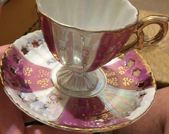 Vintage Lusterware/ Iridescent mid century tea cup and saucer