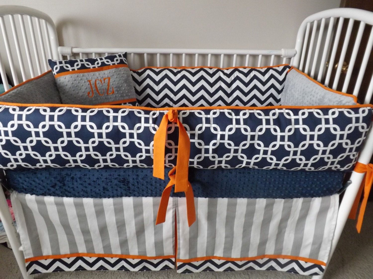Baby boy bedding crib sets Navy Chevron gray Orange bumper