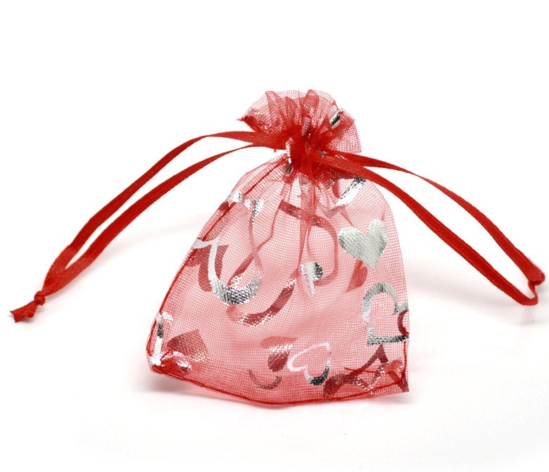 25 Pieces Small Red Heart Organza Gift Bags 9cm x7cm(3 4/8
