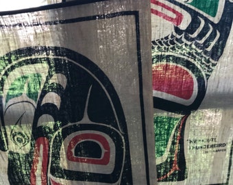 Vintage native Canadian linen art of Thunderbird and Raven