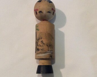 Vintage Kokeshi doll 4 1/2” mountain scene