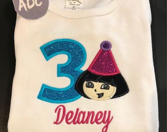 Embroidered Personalized Dora the Explorer Birthday Shirt Handmade 1st to 6th Gerber® ONESIE®