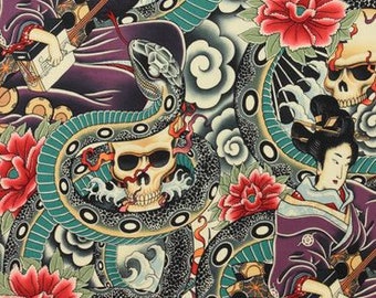 Zen Charmer Multi. Alexander Henry Fabrics. Japanese style. Kimono. Geishas motifs. Dress fabric. Kimono fabric. Snakes and skulls. Tattoo