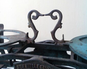 15%Off Antique Market cast iron Scale With brass Pans- Antique patina blue Cast Iron Kitchen Scale - Antique Market Scale