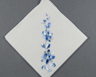 Embroidered Blue Flower Spray on Vintage White Cotton Hankie Handkerchief