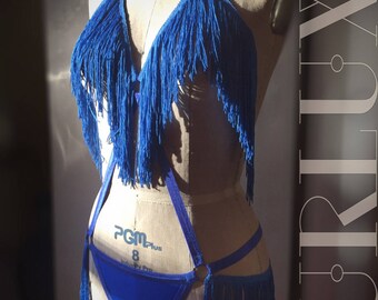 Fringe and Elastic Burlesque Playsuit Cage Panties Halter Harness Choose a Colour Made to Order