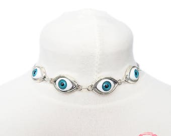 Antique Silver Evil Eye Choker Necklace, Evil Eye Necklace, Eyeball Necklace, Blue Evil Eye Necklace, Silver Evil Eye Necklace