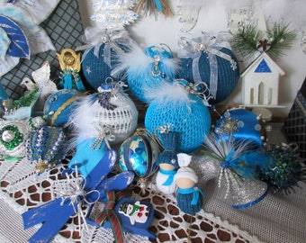 Christmas Ornaments - Handmade Blue Ornaments - Christmas Tree Decor Blue Christmas Ornament Lot .