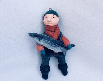 Fisherman. Doll miniature. Gift to fisherman. Vintage Inspired Spun Cotton. Spun cotton ornaments. Christmas toy. Vintage style. Retro