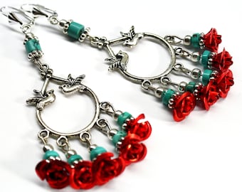 Chandelier Earrings, Red Rose Earrings, Bridal Earrings, Turquoise Earrings, Bird Earrings, Frida Earrings